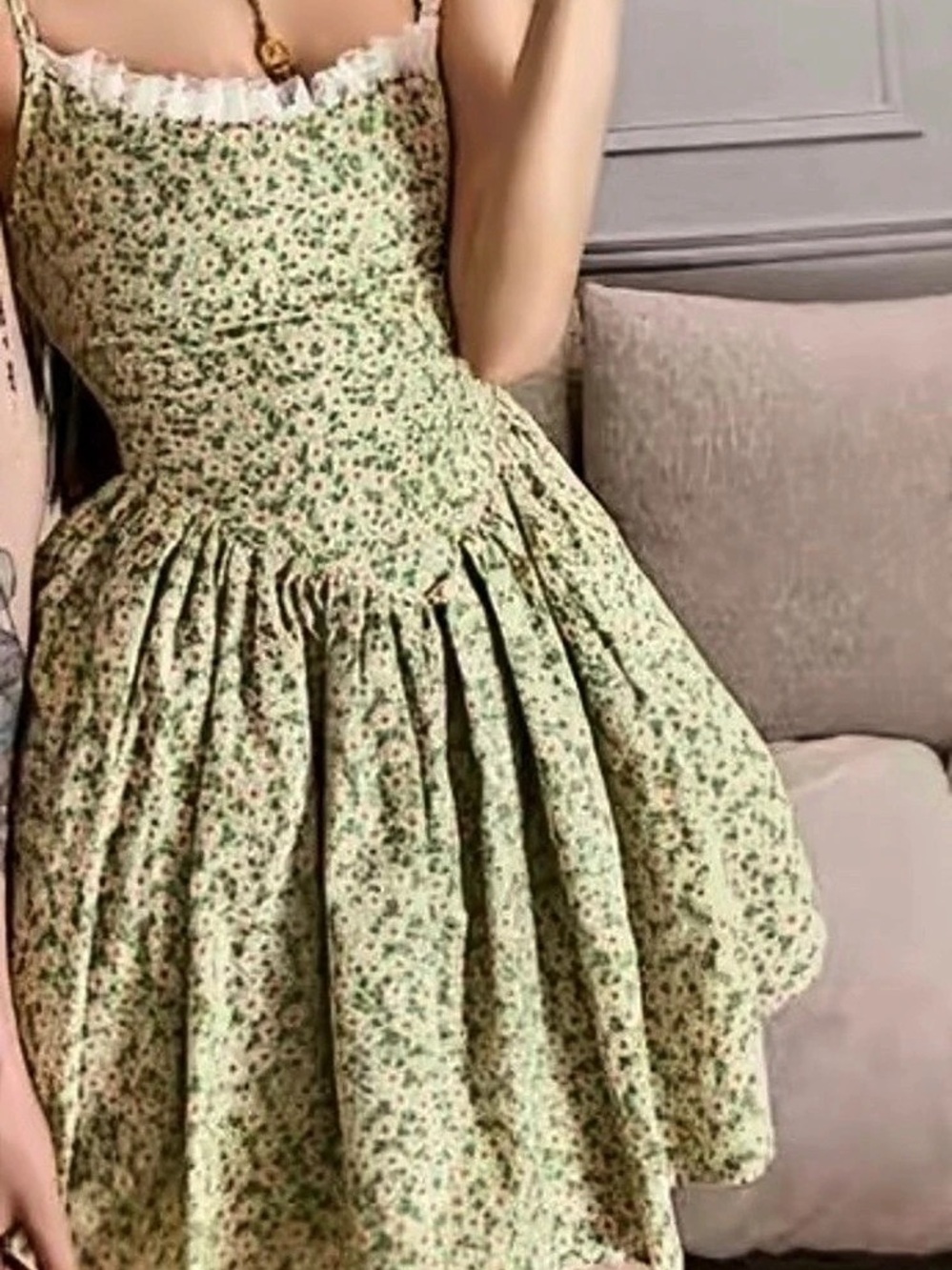 Floral Mini Dress in Green & White Like New